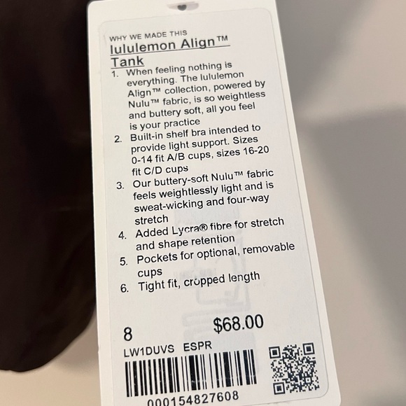 NWT Lululemon Align Crop Tank Top Brown Espresso - Picture 3 of 8